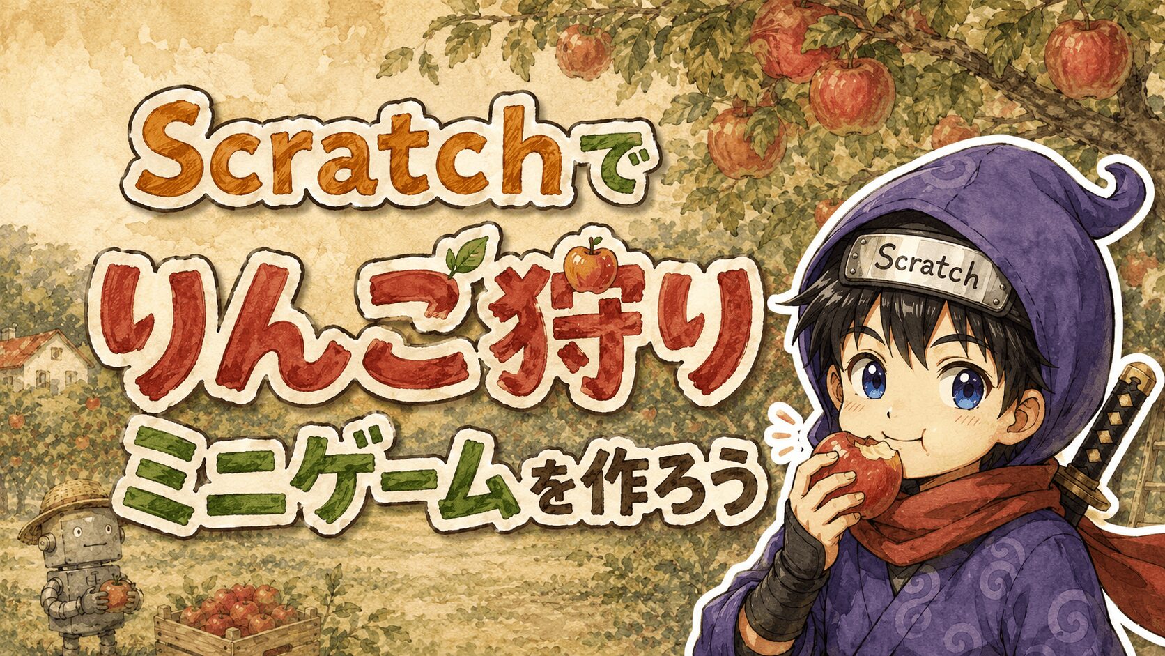 #022 腹ペコネコのリンゴキャッチゲームの作り方｜矢印キー・タイマー・メッセージの基本アクション